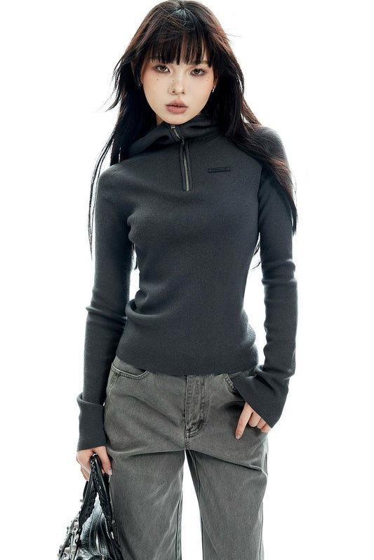 Ribbed Half Zip Hooded Long Sleeve Top