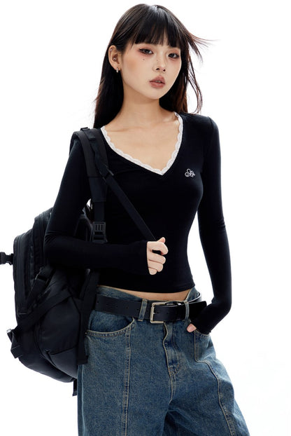 V-Neck Lace Long Sleeve Top