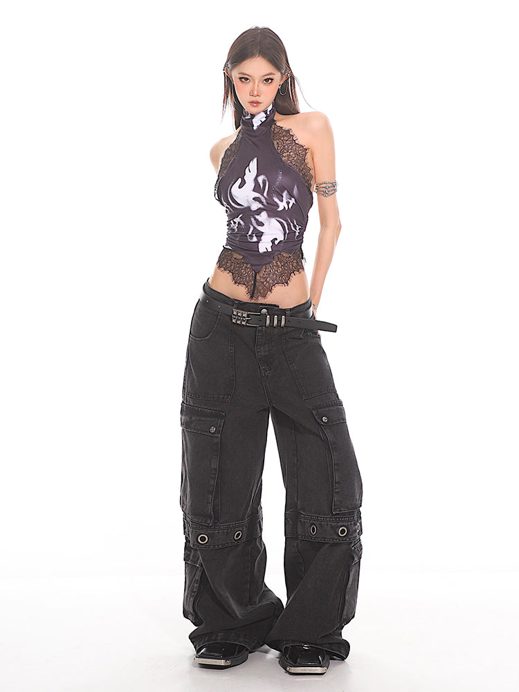 Vintage Wash Cargo Utility Denim Pants