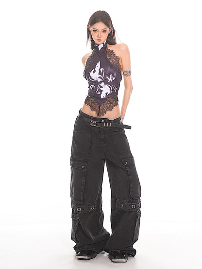 Vintage Wash Cargo Utility Denim Pants