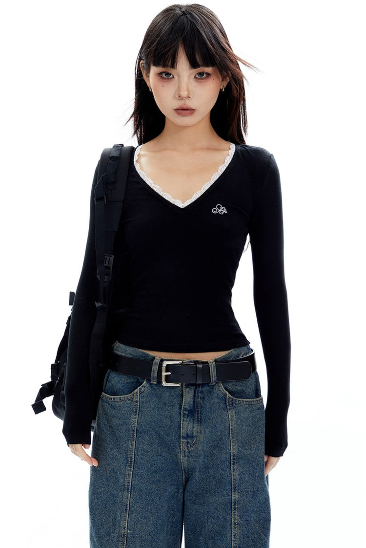 V-Neck Lace Long Sleeve Top