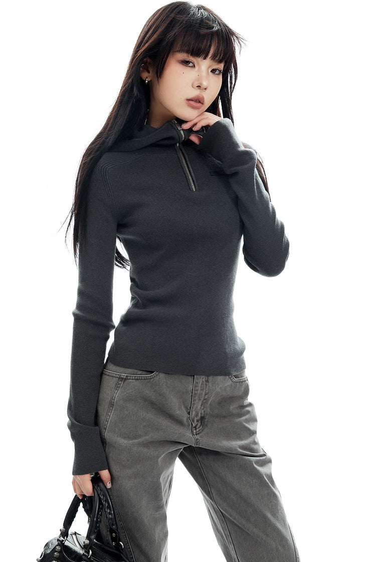 Ribbed Half Zip Hooded Long Sleeve Top