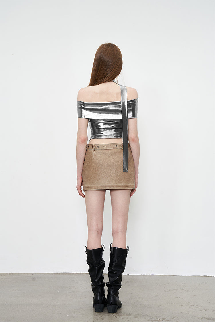 Liquid Silver Off Shoulder Top