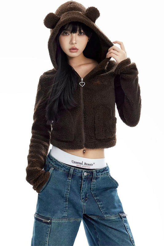Bear Cropped Fleece Zip Up Hoodie