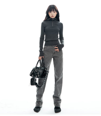 Ribbed Half Zip Hooded Long Sleeve Top