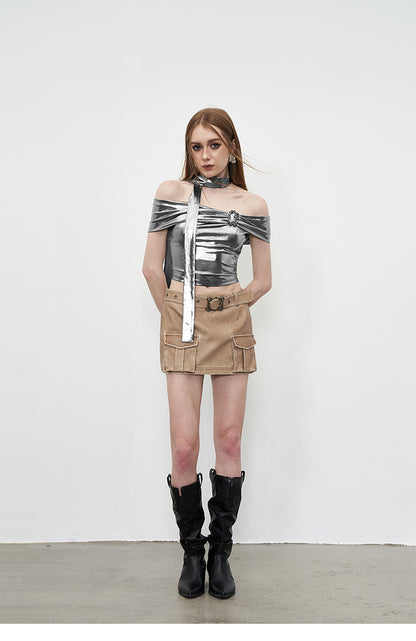 Liquid Silver Off Shoulder Top