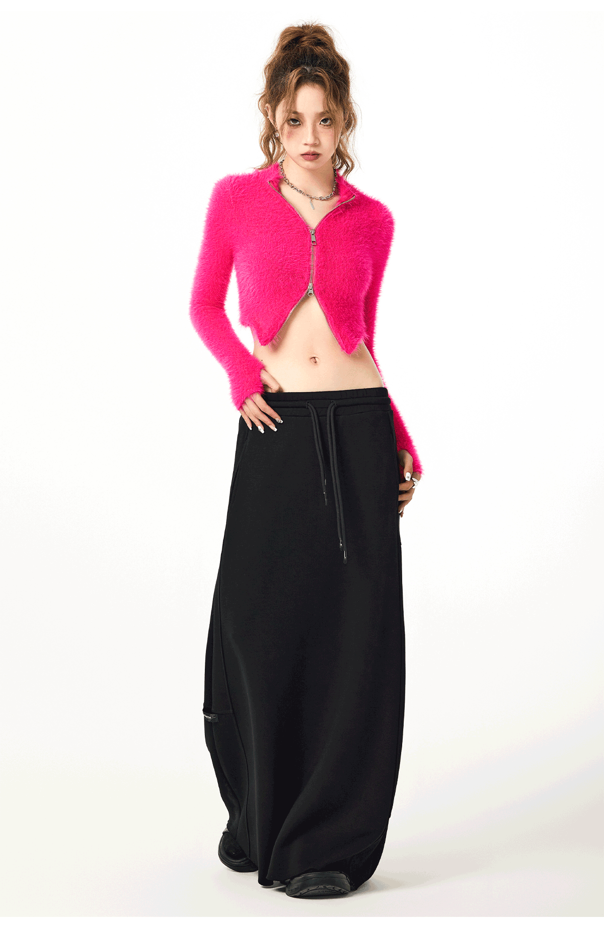 Double Zip Cropped Fuzzy Cardigan