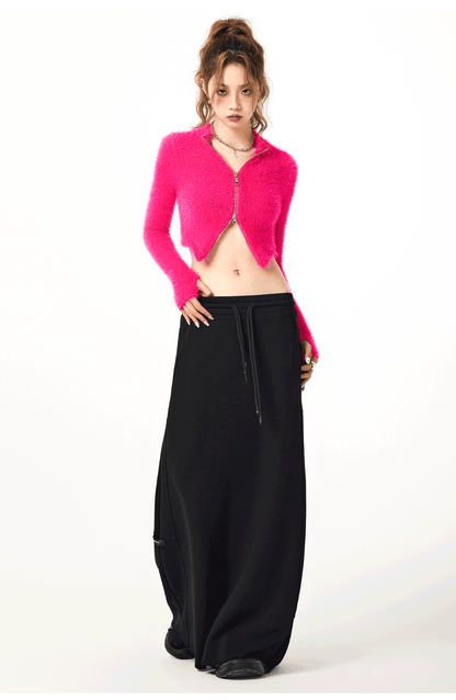 Double Zip Cropped Fuzzy Cardigan