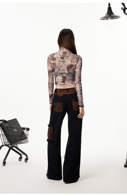 Mesh and Lace Long Sleeve Top