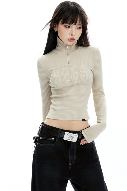 Ribbed Turtleneck Long Sleeve Top