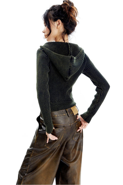 Dual Tone Knit Hooded Ribbed Cardigan