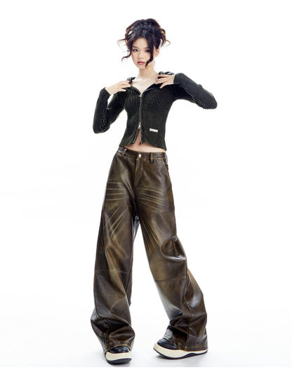 Dual Tone Knit Hooded Ribbed Cardigan