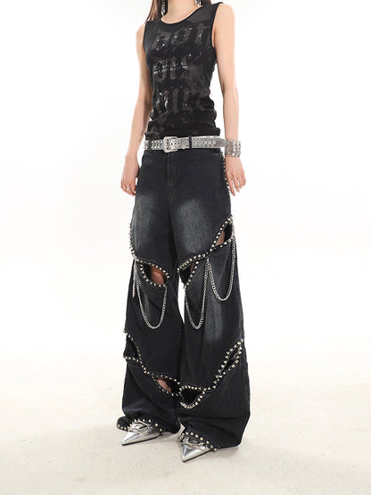 Industrial Deconstructed Chain Studded Denim Jeans