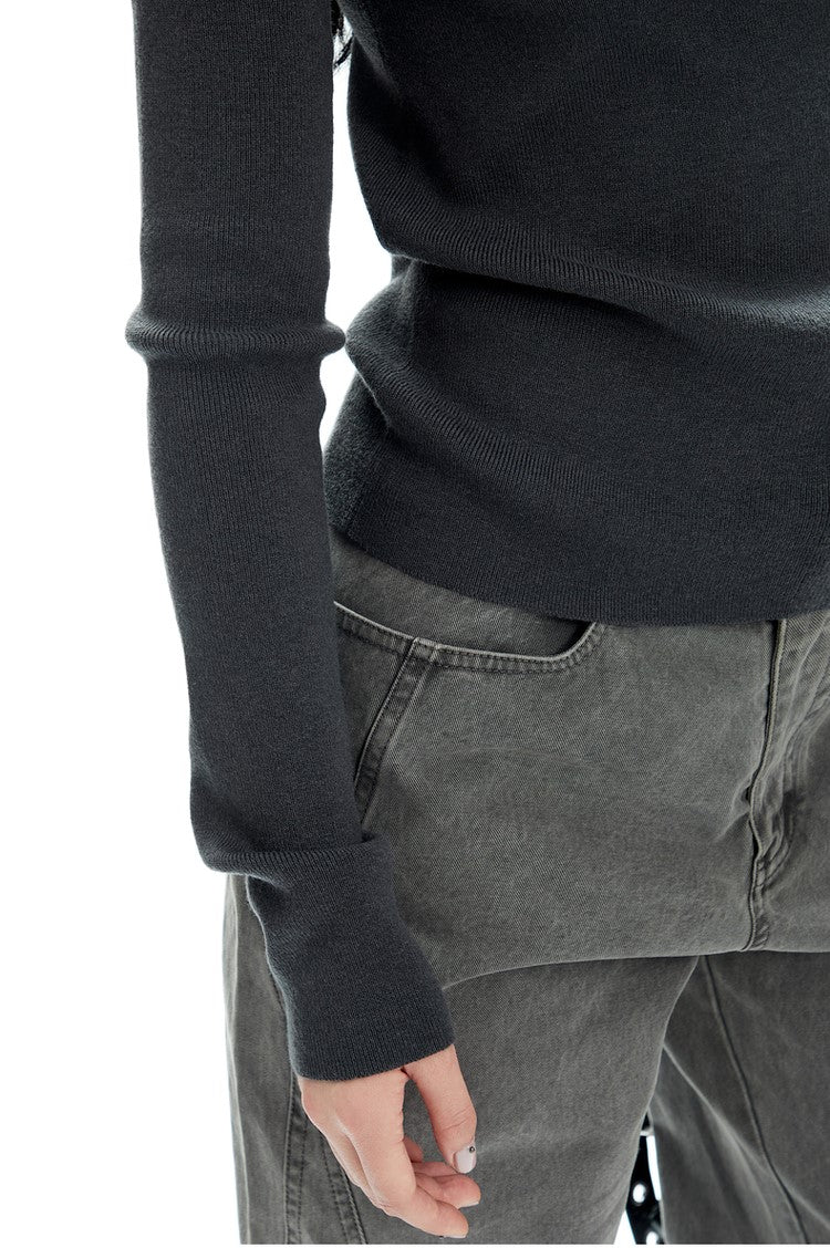 Ribbed Half Zip Hooded Long Sleeve Top