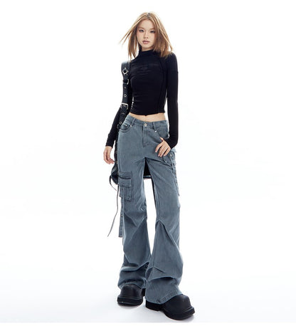 Strappy Cargo Lowrise Flared Jeans