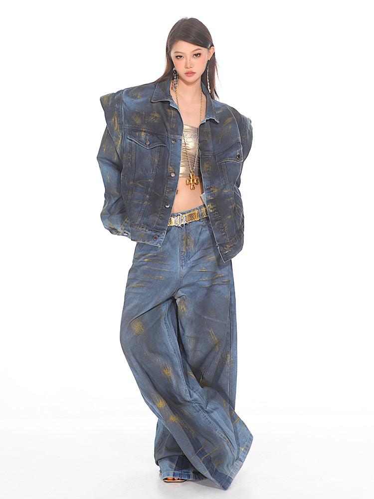 Gold Brushed Wide Leg Denim Jeans