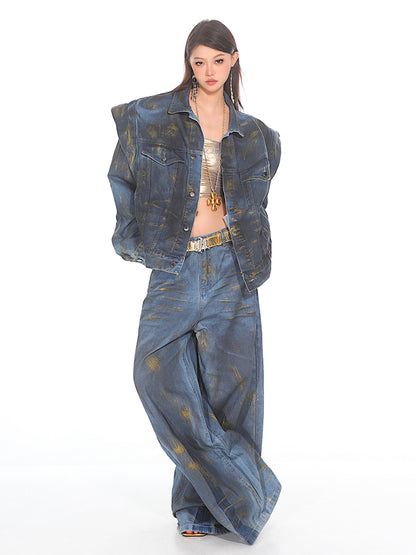 Gold Brushed Wide Leg Denim Jeans