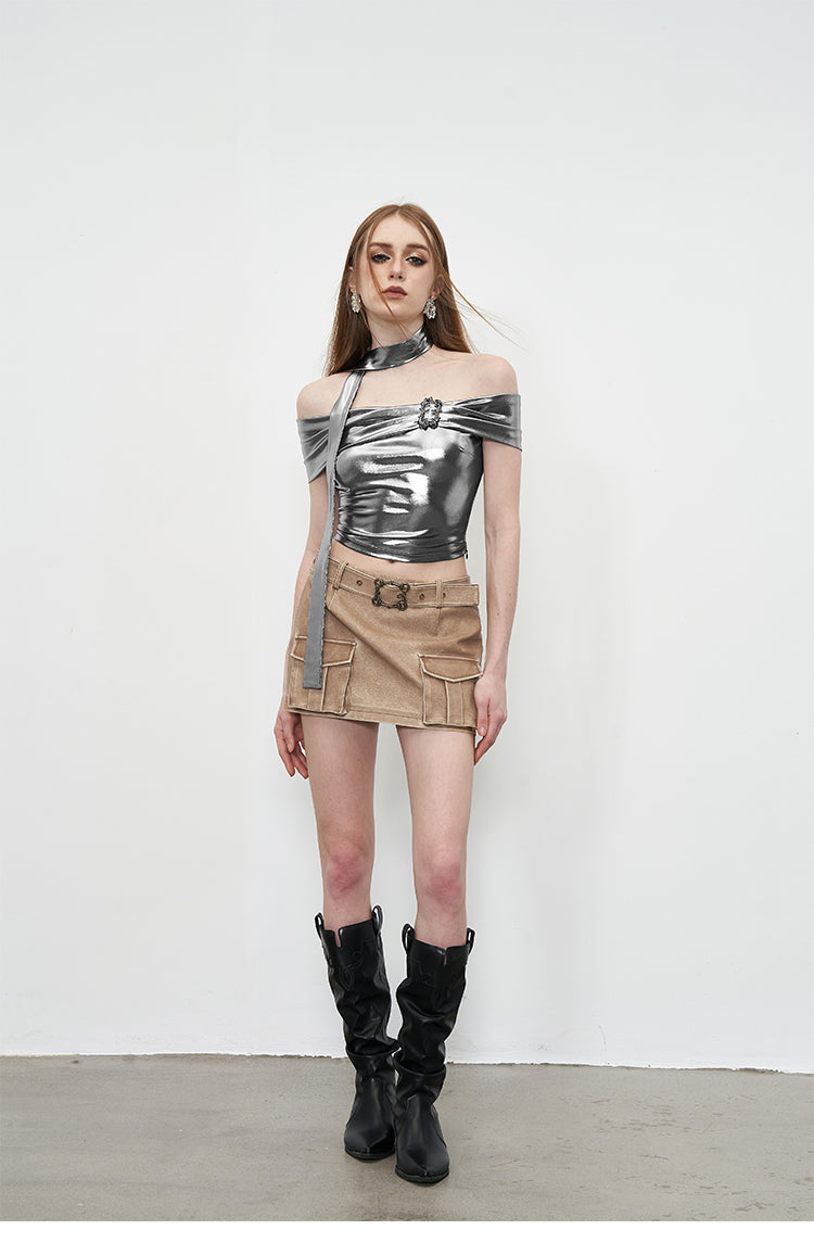 Liquid Silver Off Shoulder Top