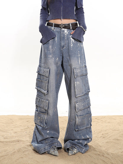 Paint Splatter Wide Leg Cargo Denim Pants