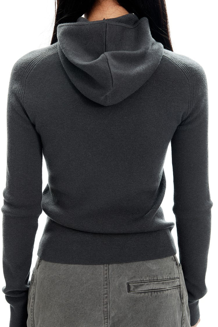 Ribbed Half Zip Hooded Long Sleeve Top