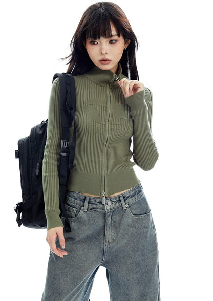 Double Zip Ribbed Knit Long Sleeve