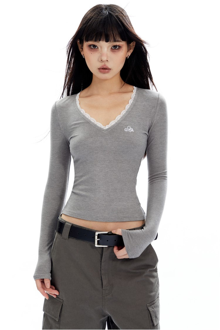 V-Neck Lace Long Sleeve Top