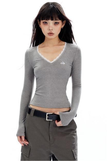 V-Neck Lace Long Sleeve Top