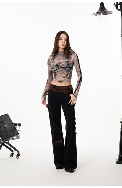 Mesh and Lace Long Sleeve Top