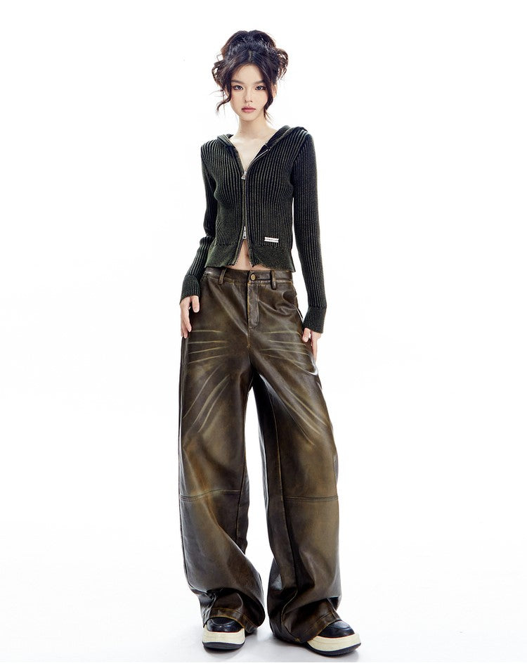 Dual Tone Knit Hooded Ribbed Cardigan