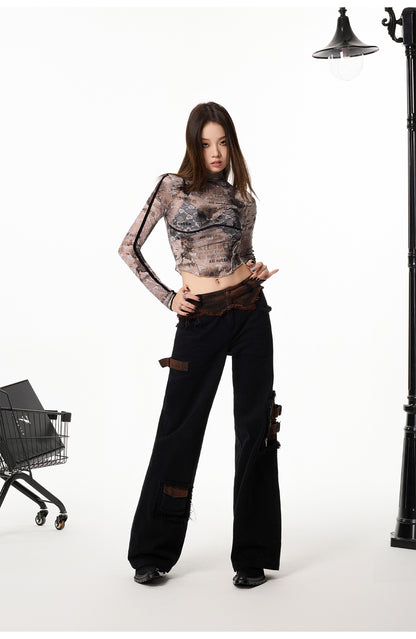 Mesh and Lace Long Sleeve Top