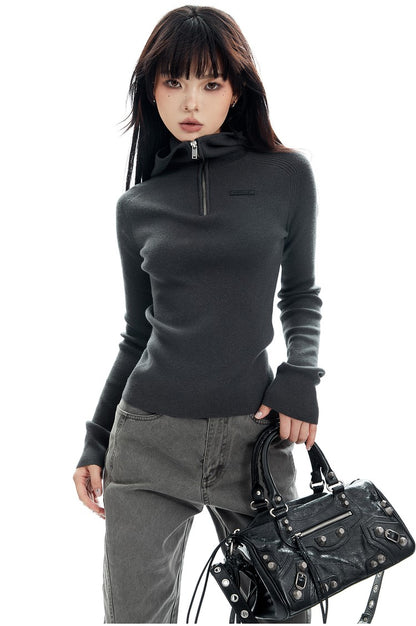 Ribbed Half Zip Hooded Long Sleeve Top