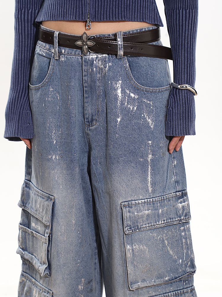 Paint Splatter Wide Leg Cargo Denim Pants