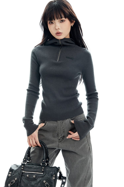 Ribbed Half Zip Hooded Long Sleeve Top
