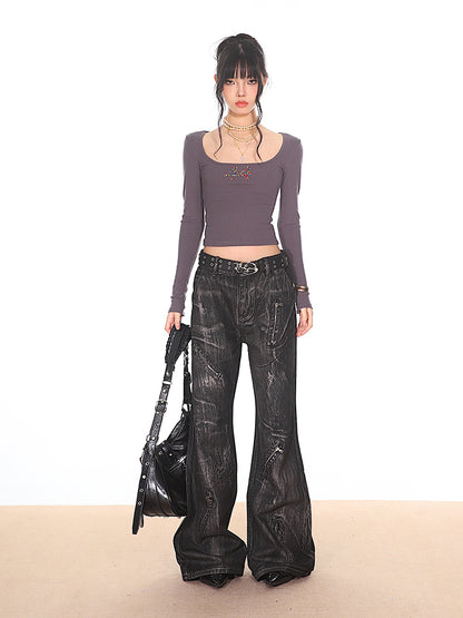 Black Distressed Denim Jeans with Zipper Details