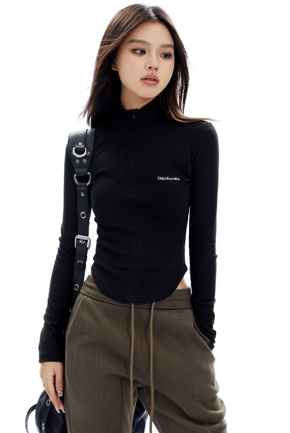 High Neck Half Zip Long Sleeve Top