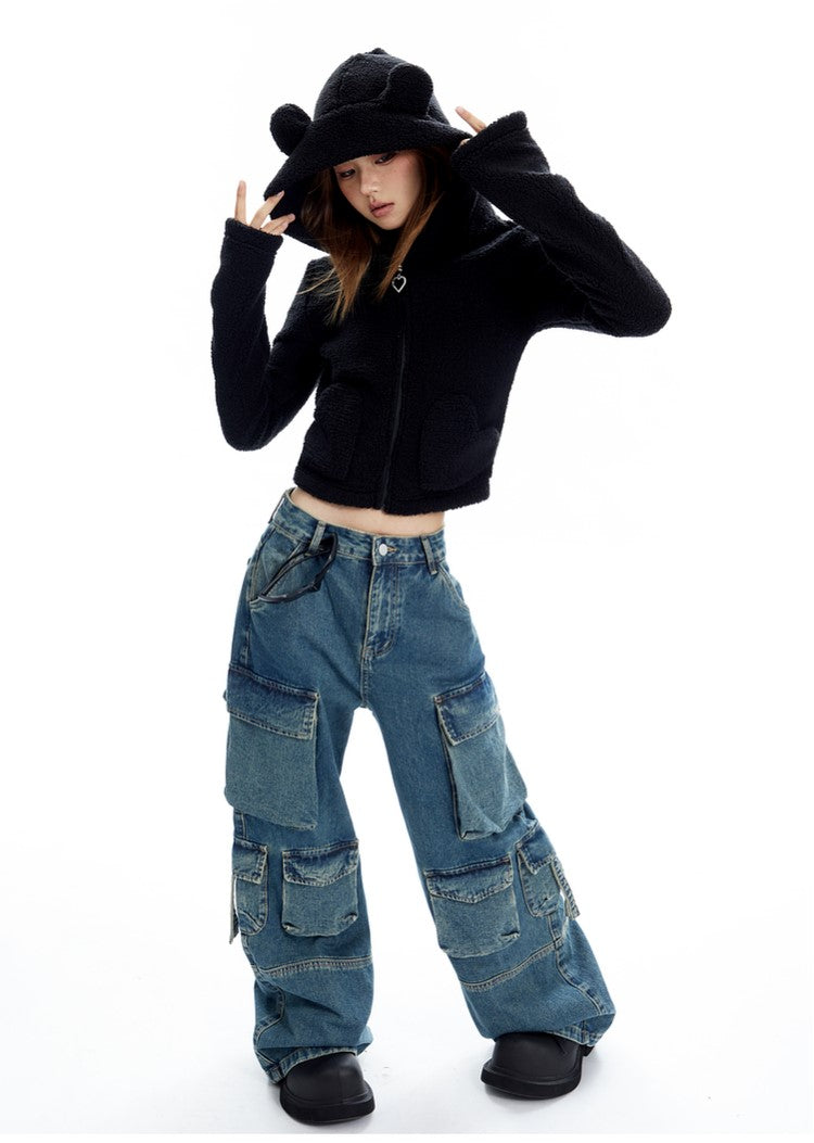 Bear Cropped Fleece Zip Up Hoodie