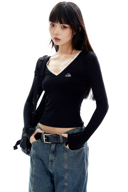 V-Neck Lace Long Sleeve Top