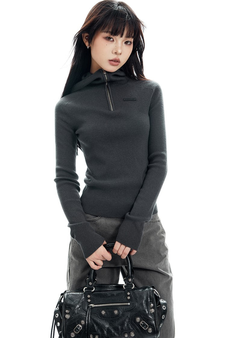 Ribbed Half Zip Hooded Long Sleeve Top