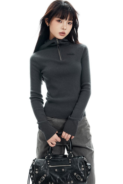 Ribbed Half Zip Hooded Long Sleeve Top