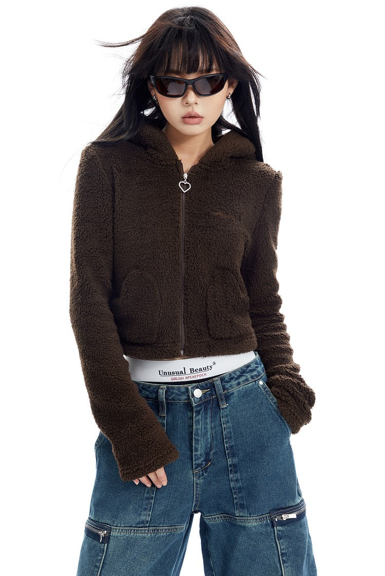 Bear Cropped Fleece Zip Up Hoodie
