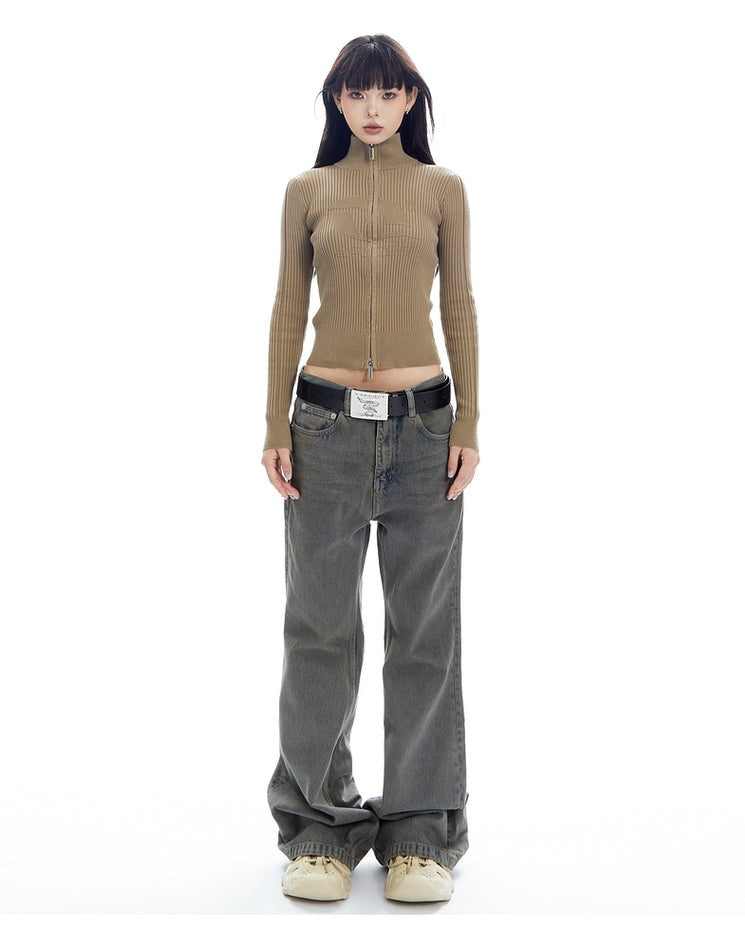 Double Zip Ribbed Knit Long Sleeve