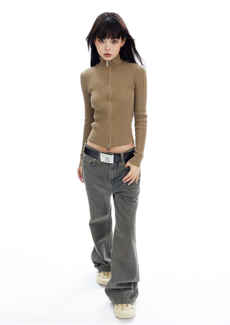 Double Zip Ribbed Knit Long Sleeve