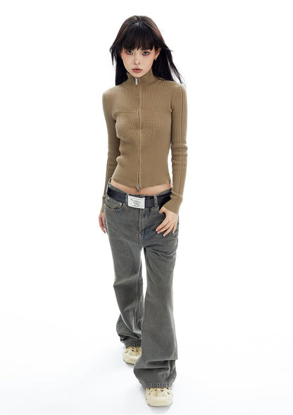Double Zip Ribbed Knit Long Sleeve