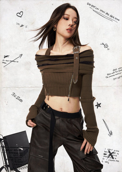 Off Shoulder Halter Long Sleeve Crop Sweater