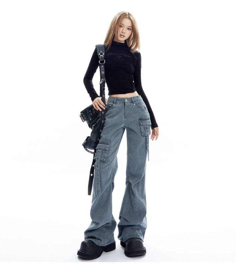 Strappy Cargo Lowrise Flared Jeans