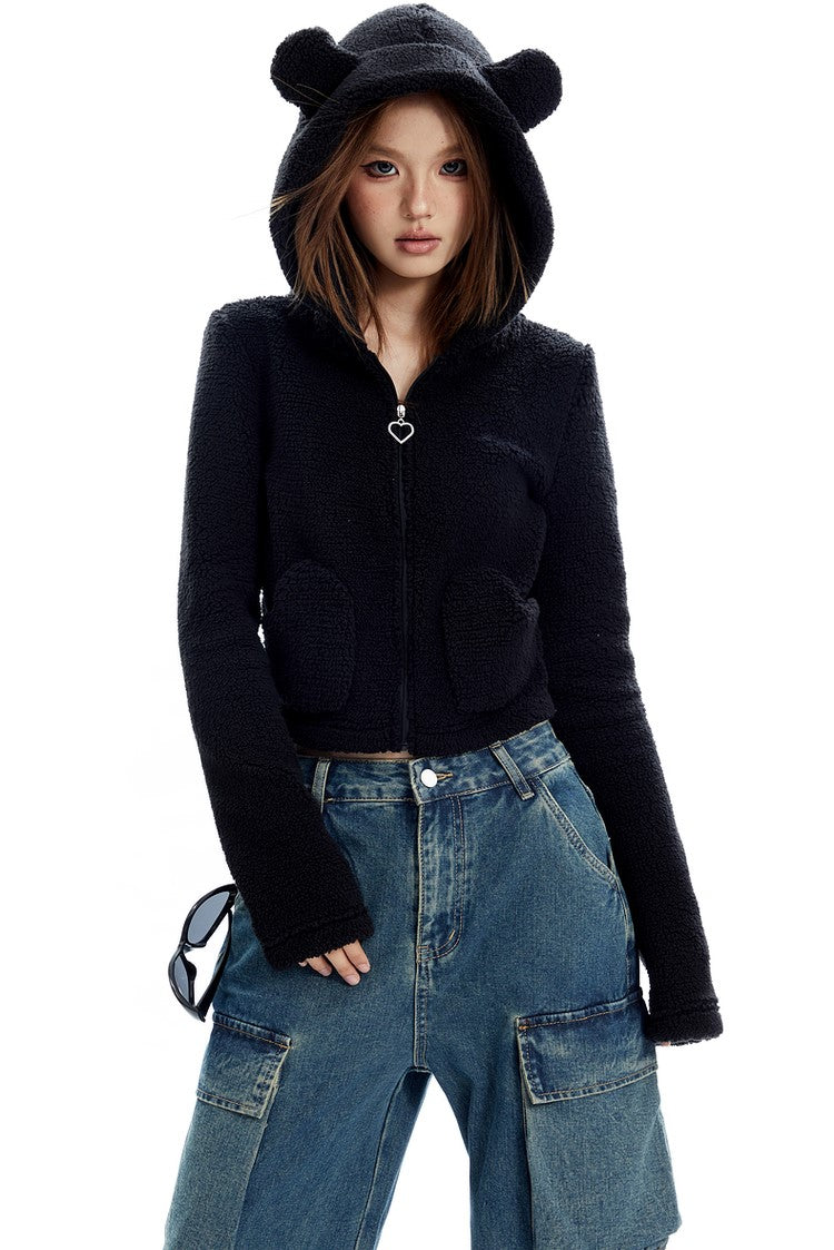 Bear Cropped Fleece Zip Up Hoodie