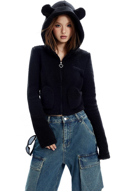 Bear Cropped Fleece Zip Up Hoodie