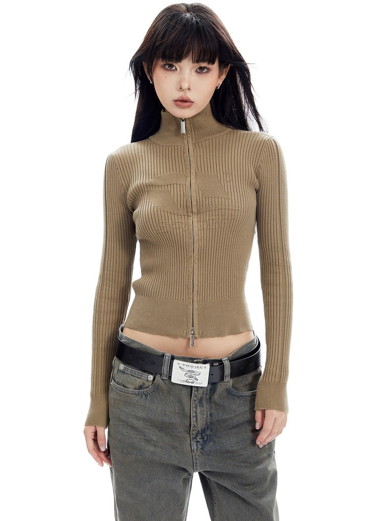 Double Zip Ribbed Knit Long Sleeve