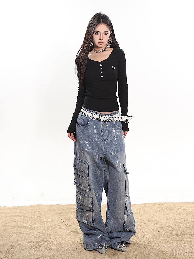 Paint Splatter Wide Leg Cargo Denim Pants