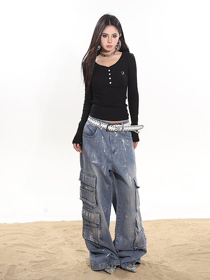 Paint Splatter Wide Leg Cargo Denim Pants